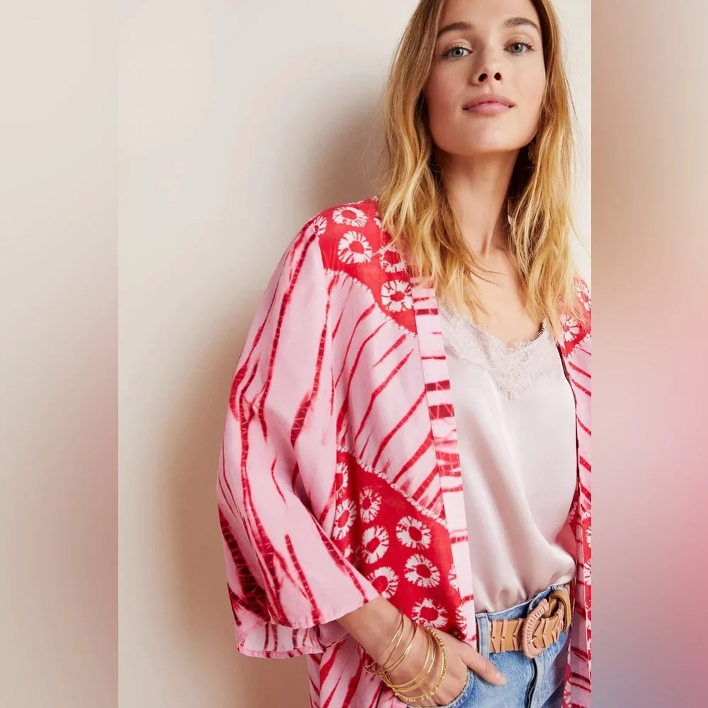 Bl-nk Anthropologie Lia Shibori Pink & Red Tie Dye Kimono Cardigan - Picture 4 of 13